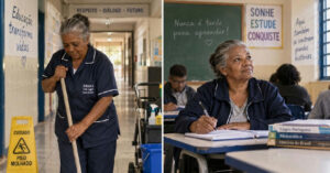 Lúcia, aos 68, troca a vassoura pela caneta e recomeça os estudos na escola onde foi faxineira