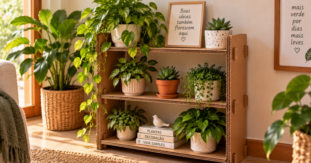 Transforme caixas de papelão em estantes decorativas com técnicas de marcenaria criativa