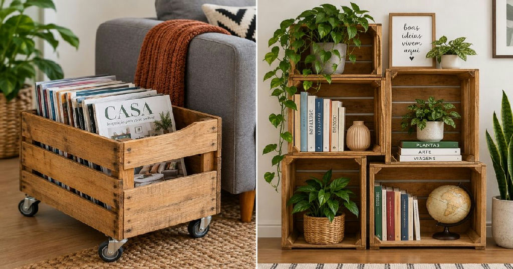 Transforme caixotes de feira em móveis funcionais com técnicas de upcycling