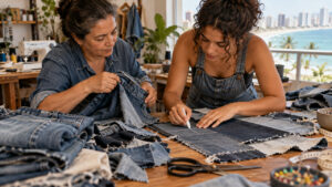 Mãe e filha transformam jeans descartado em moda autoral em Fortaleza