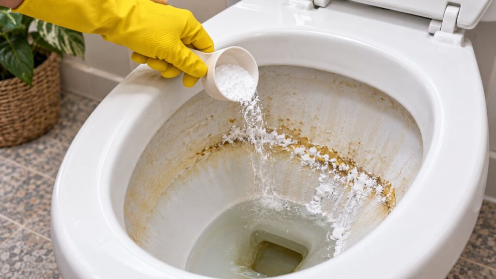 Ordem correta de vinagre e bicarbonato remove manchas amareladas do vaso sanitário