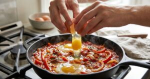 Praticidade na cozinha com shakshuka, receita de ovos no molho de tomate em uma frigideira