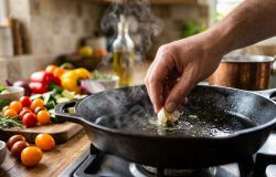 O segredo para legumes crocantes e dourados está em manter a frigideira bem quente e adicionar o sal apenas no final do preparo. – Imagem gerada por IA