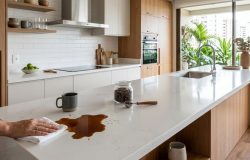 A baixa porosidade das superfícies tecnológicas simplifica a limpeza diária e impede o acúmulo de bactérias na cozinha. – Imagem gerada por IA