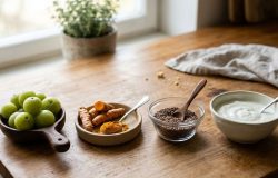 Nutrientes presentes em alimentos simples combatem os radicais livres e fornecem a base estrutural para a renovação celular do rosto. – Imagem gerada por IA