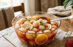 A deliciosa conserva de rambutã mistura perfeitamente o doce natural da fruta com elementos picantes. – Imagem gerada por IA
