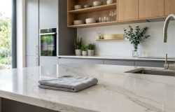 A tecnologia da Neolith une a sofisticação estética do mármore clássico à durabilidade ideal para a bancada da cozinha planejada. – Imagem gerada por IA