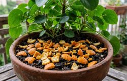 Aproveitar cascas de cítricos na jardinagem doméstica é uma forma sustentável de fortalecer suas plantas. – Imagem gerada por IA