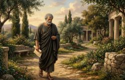 A ética aristotélica propõe que a busca pela virtude diária conduz à verdadeira plenitude. – Imagem gerada por IA