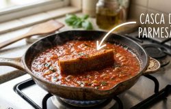 O cozimento lento com casca de parmesão eleva o sabor e a textura do seu molho caseiro. – Imagem gerada por IA