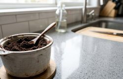 O reaproveitamento da borra de café transforma a rotina de limpeza e evita o desperdício doméstico. – Imagem gerada por IA