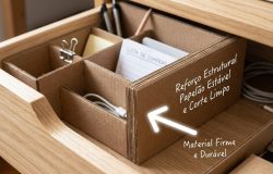 O upcycling de papelão é uma solução sustentável e econômica para organizar mantimentos. – Imagem gerada por IA