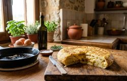 O corte uniforme das batatas e o preparo em fogo médio garantem a textura macia da tortilla. – Imagem gerada por IA
