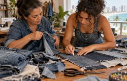 Mãe e filha transformam jeans descartado em moda autoral em Fortaleza