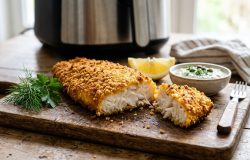 Peixe empanado crocante e dourado sem fritura: o segredo da polenta e da airfryer