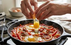Praticidade na cozinha com shakshuka, receita de ovos no molho de tomate em uma frigideira