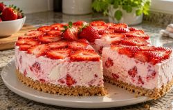 Sem forno e delicioso bolo de sorvete de morango é a receita fácil e rápida
